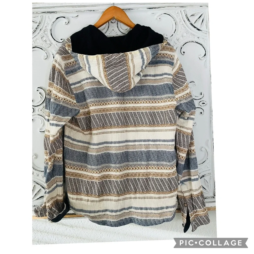 One World Brothers Baja Hoodie Shirt Jacket Men’s M Striped Cotton Button Front